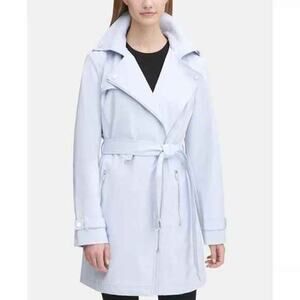 DKNY Asymmetrical Softshell Belted Sugar Blue Raincoat Trench Coat Plus Size L‎